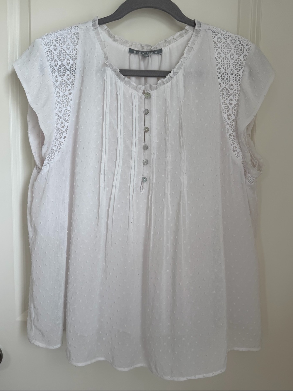Daniel Rainn White Swiss Dot Lace-Trim Button Front Blouse
